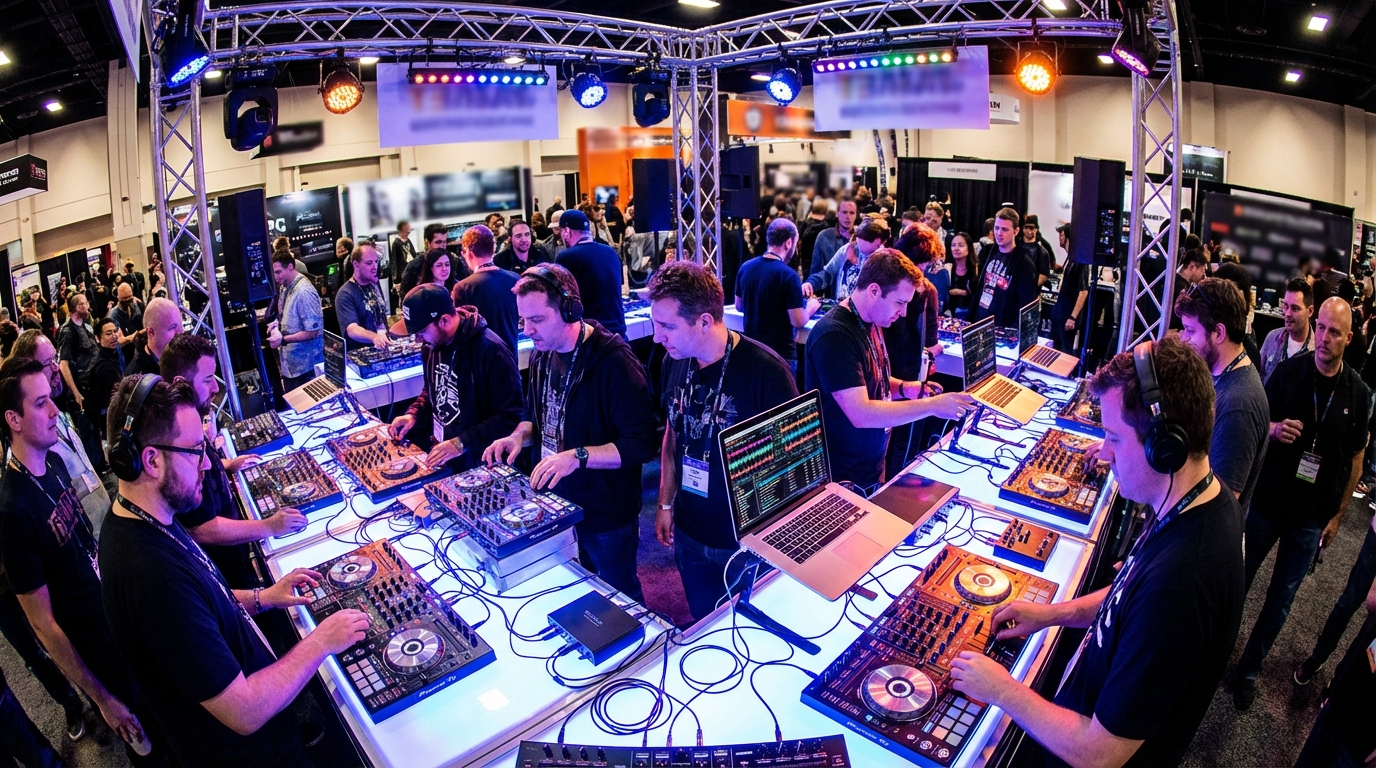 Popular gear booth at NAMM 2026 showing DJ controllers and mixers