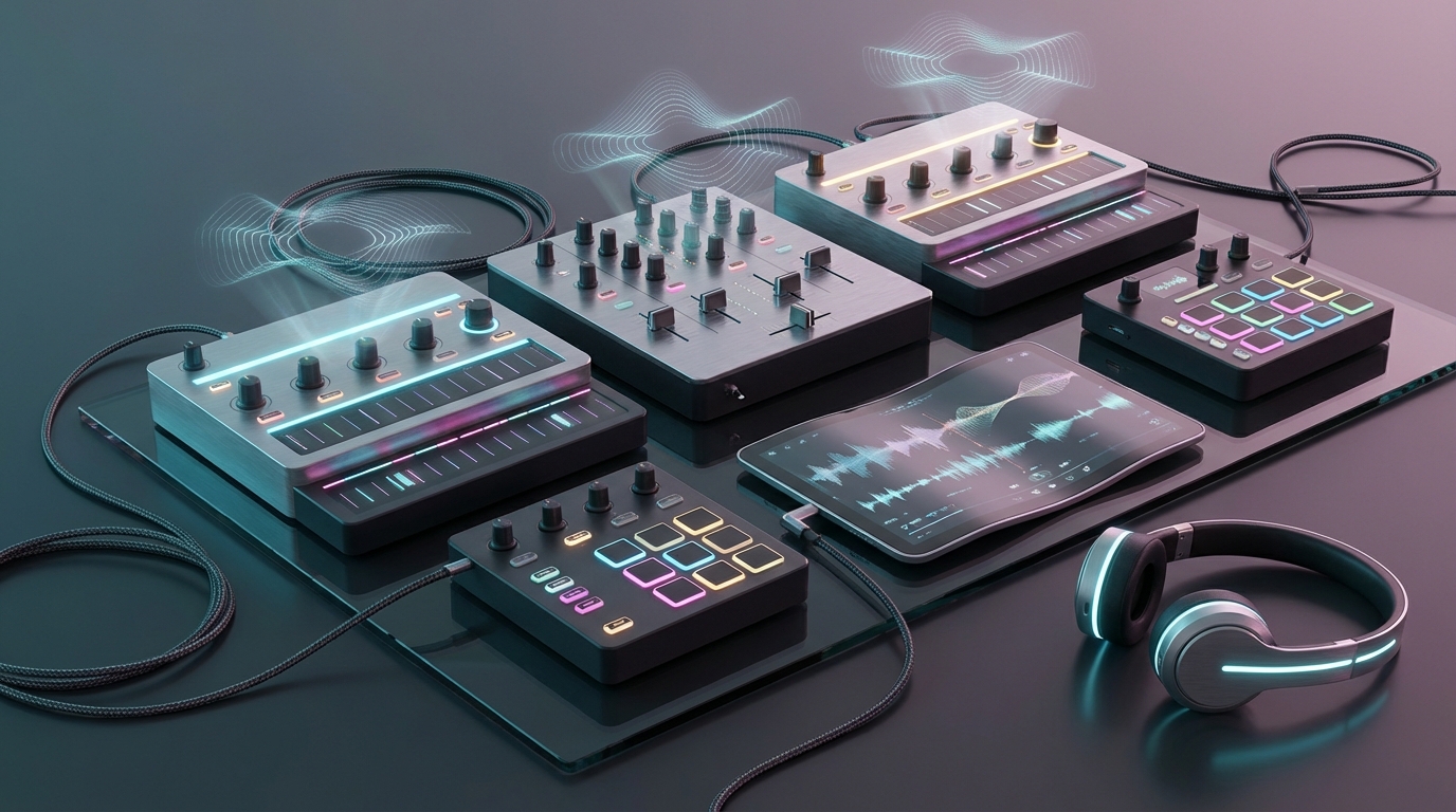 Artistic still-life of modern DJ gear innovations on a reflective surface with neon cyan, magenta, and warm gold lighting.