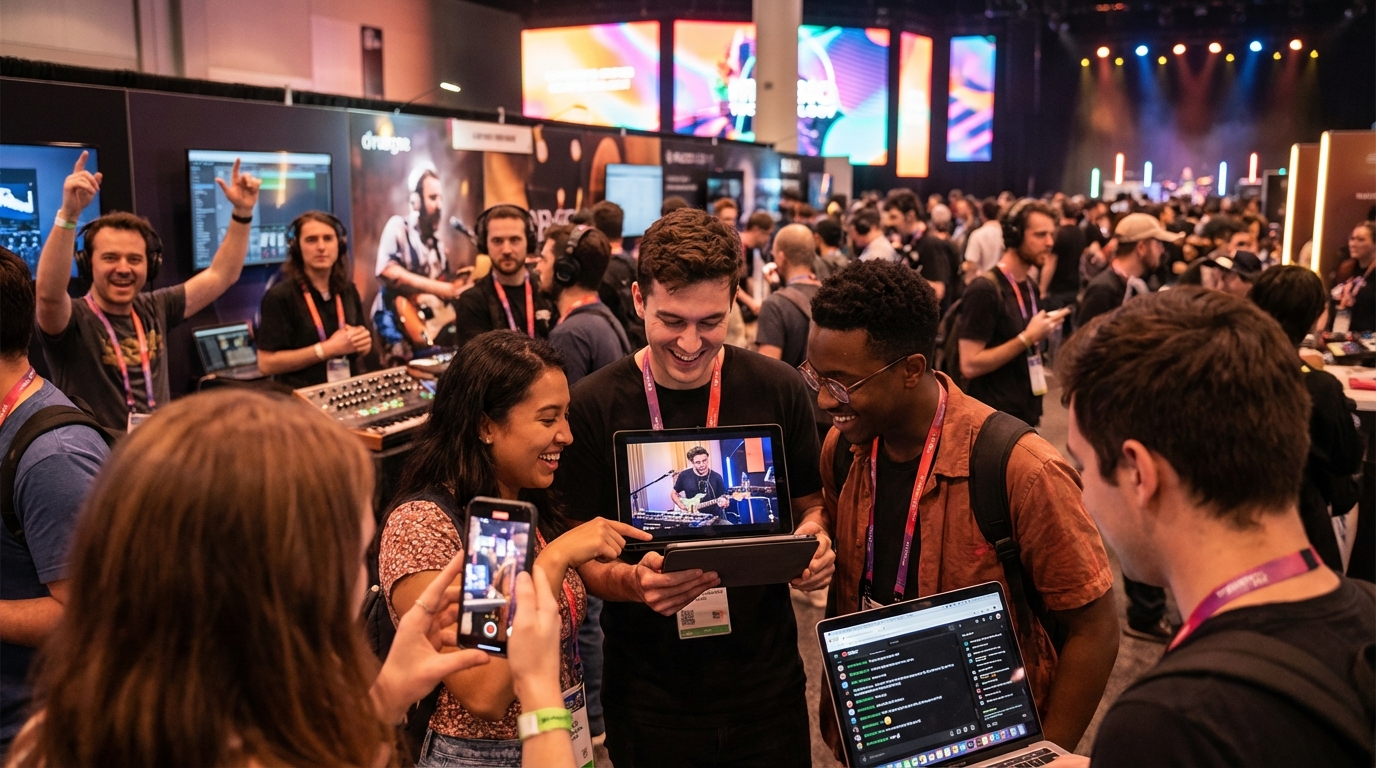 Attendees engaging with NAMM 2026 live streams and social media