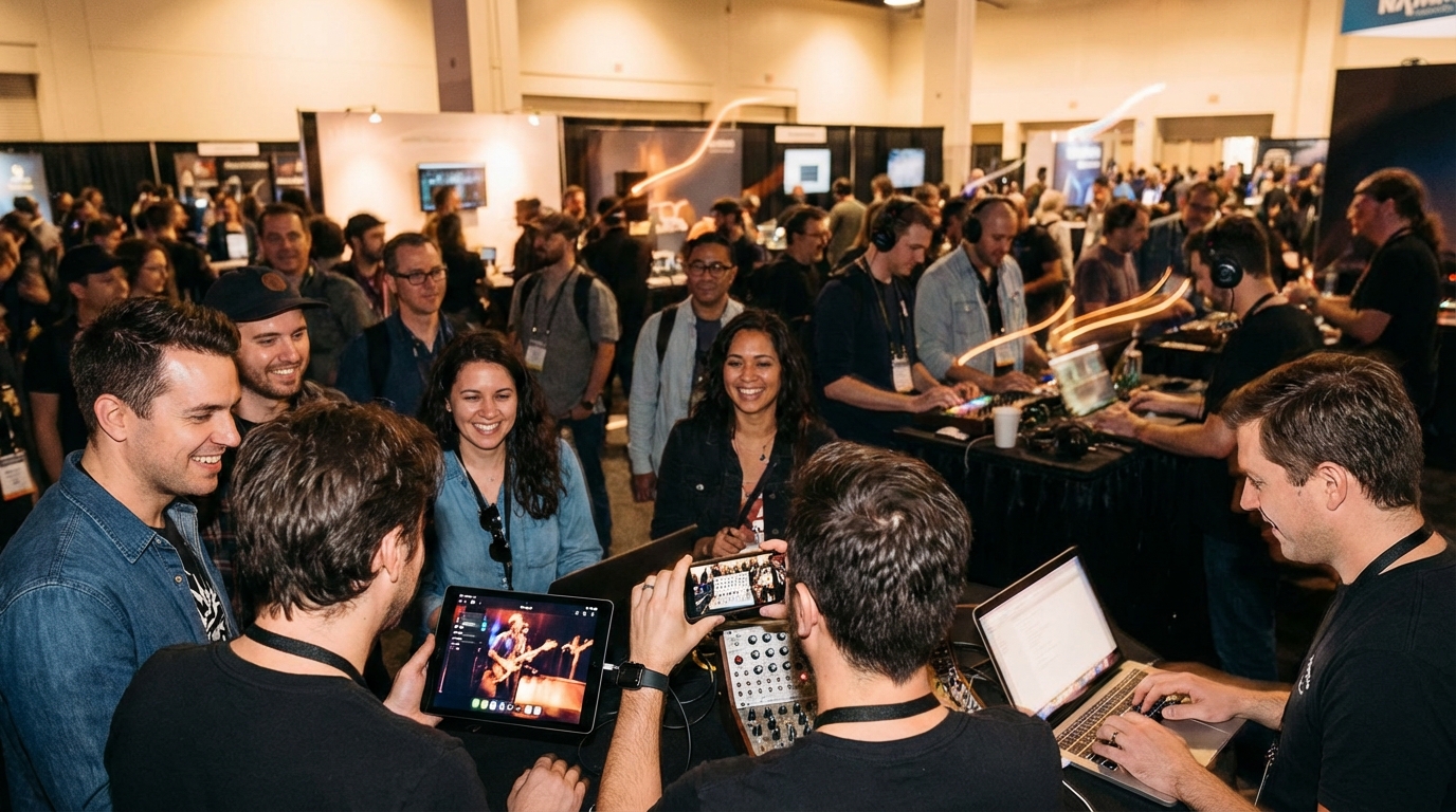 Attendees engaging with NAMM 2026 live streams and social media
