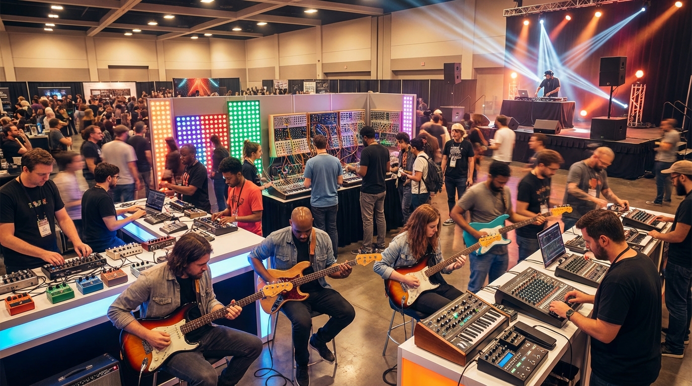 Vibrant crowd and demo booths at NAMM 2026