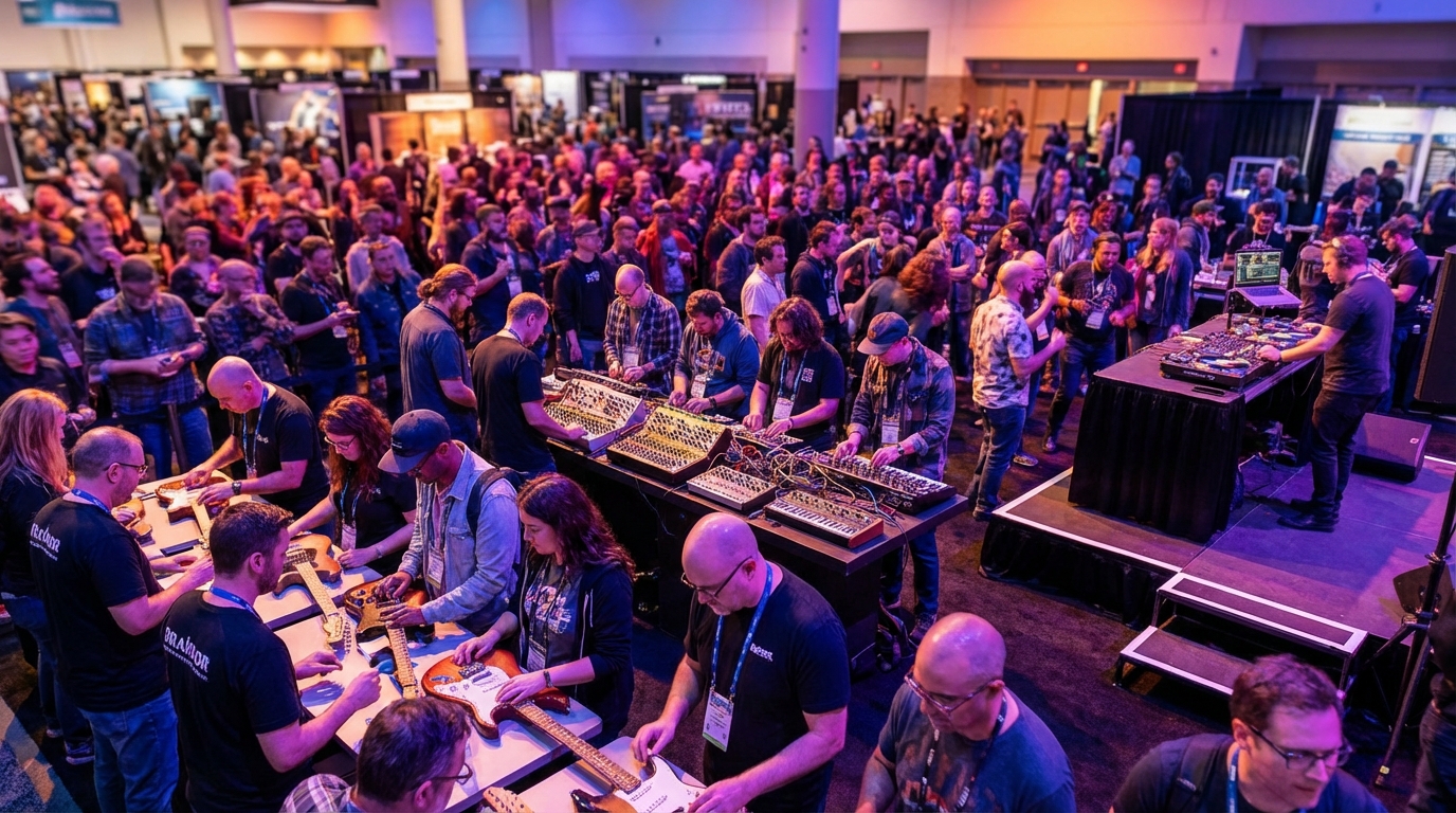 Crowded convention floor at NAMM 2026 with musicians testing guitars, synthesizers, and DJ gear