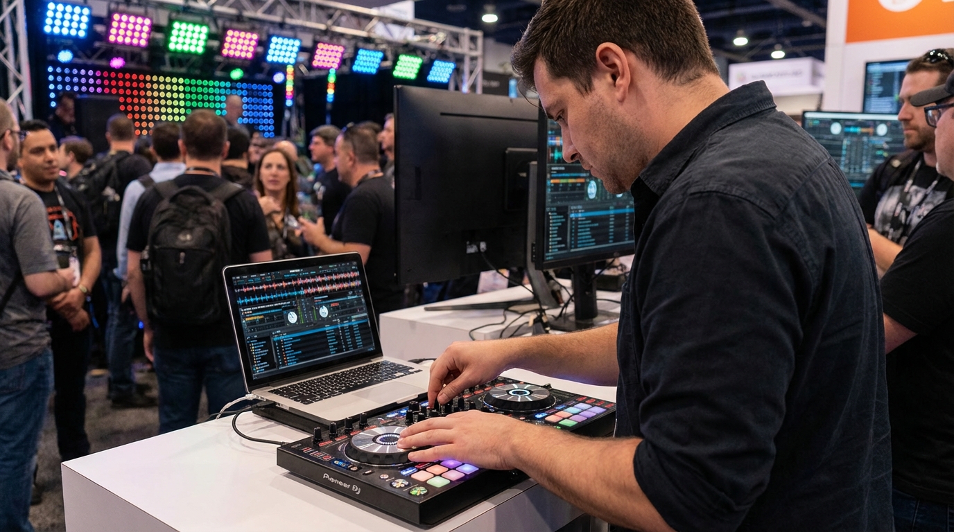 Hands-on demo at NAMM Show: DJ interacting with controller and laptop