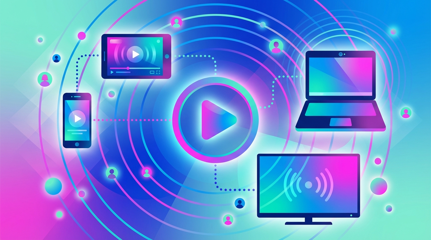 Abstract live streaming icons: play button and connected devices