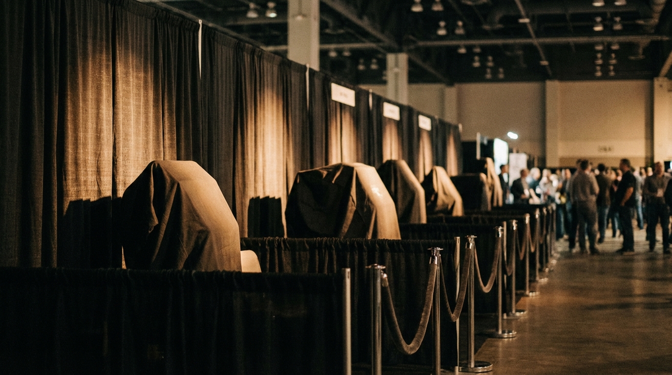 Covered NDA booths at NAMM 2026 suggesting secrecy and anticipation