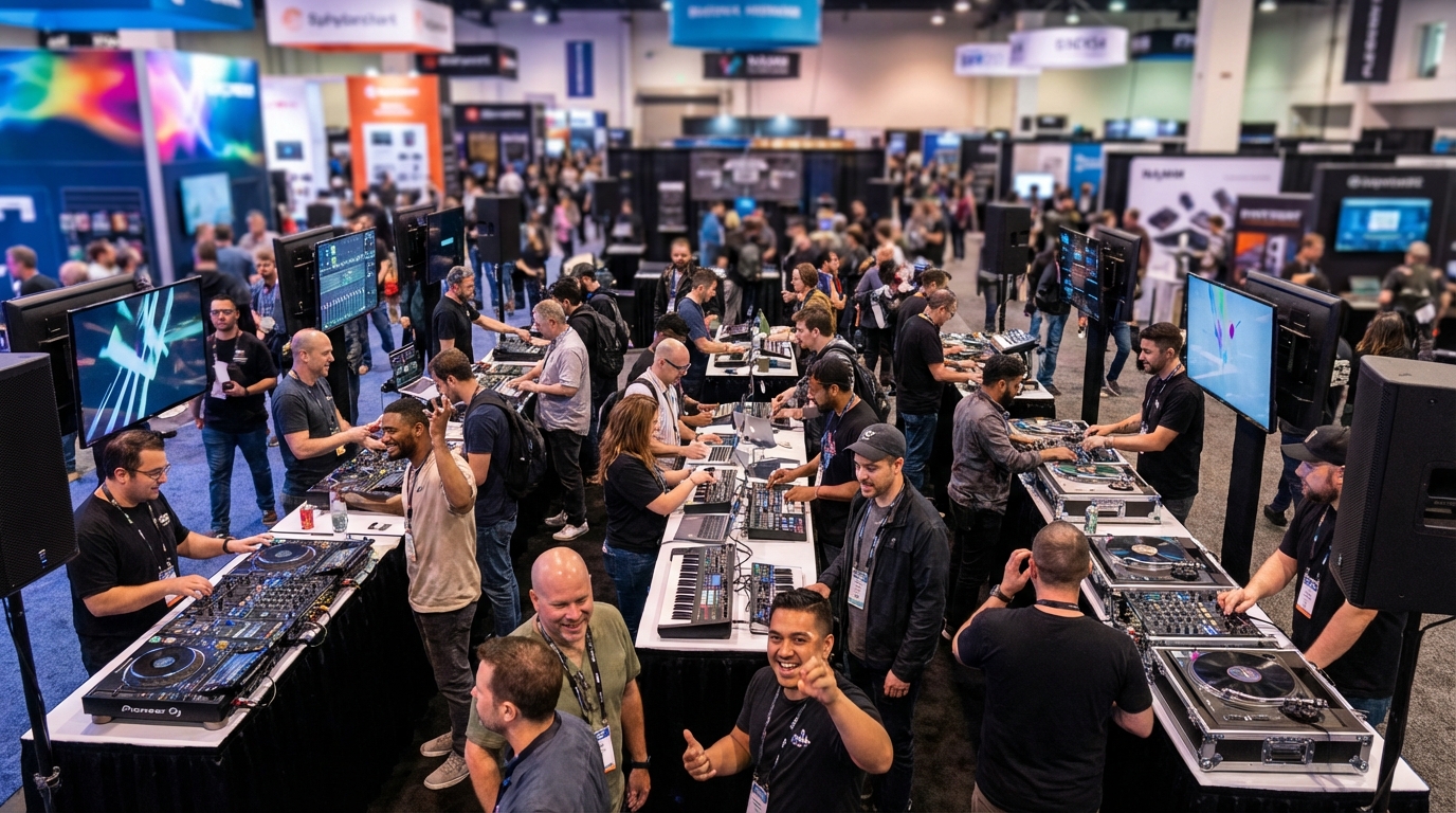 Busy NAMM show floor with DJ gear booths