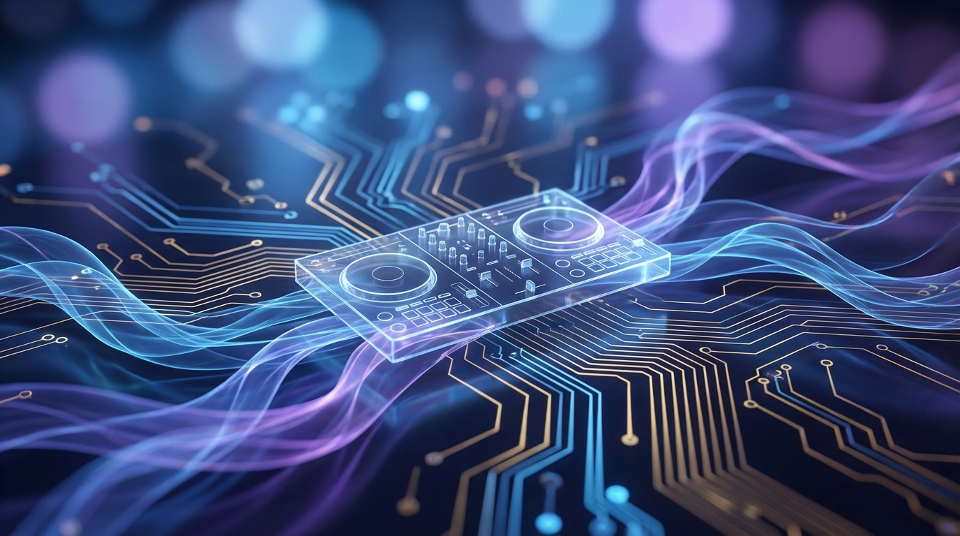 Abstract tech innovation visual with soundwave and circuit motifs