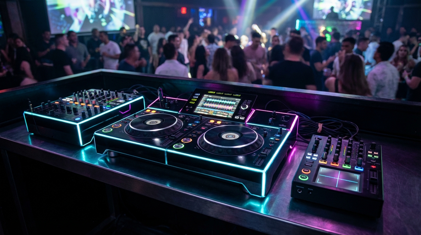 Futuristic high-tech DJ setup showing System One style controller, two-channel mixer, and compact effects unit