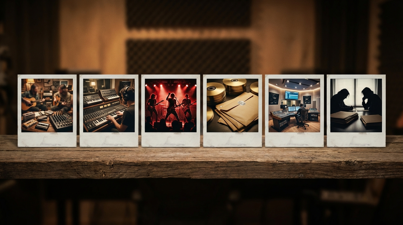 Polaroid-style timeline photos laid out on a wooden shelf, showing The Neptunes' career milestones from early 1990s home studio to modern dispute scene