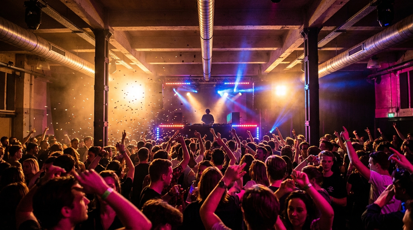 Vibrant dance floor inside Perron during a packed event