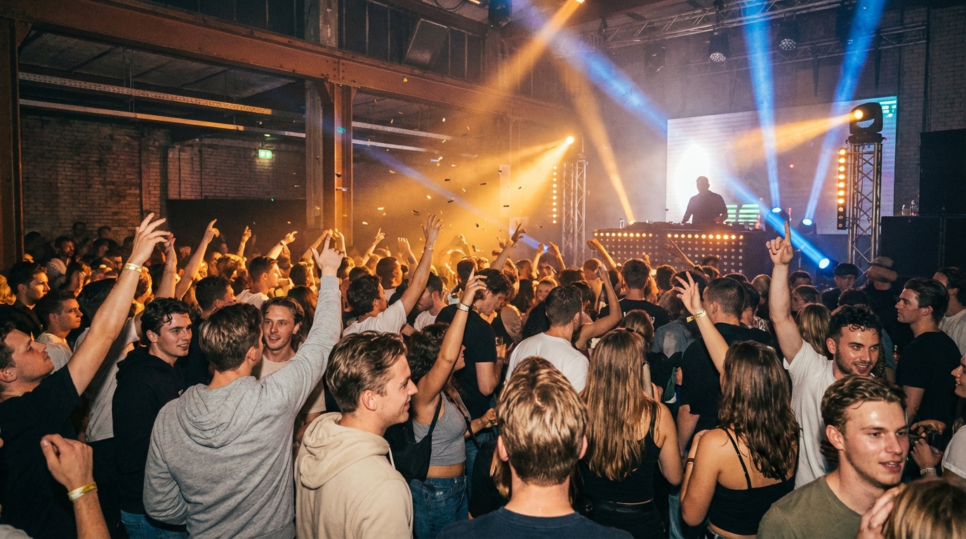 Vibrant dance floor inside Perron during a packed event