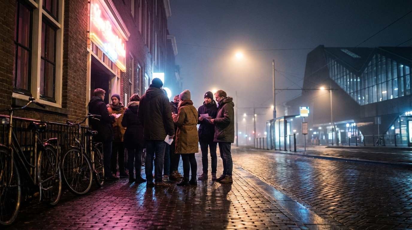 Exterior of Perron club at night with clubgoers arriving