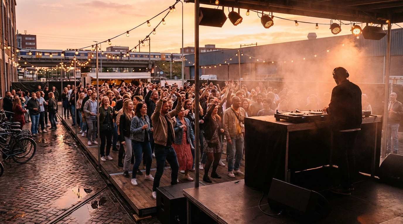 Packed crowd at Perron sunset party