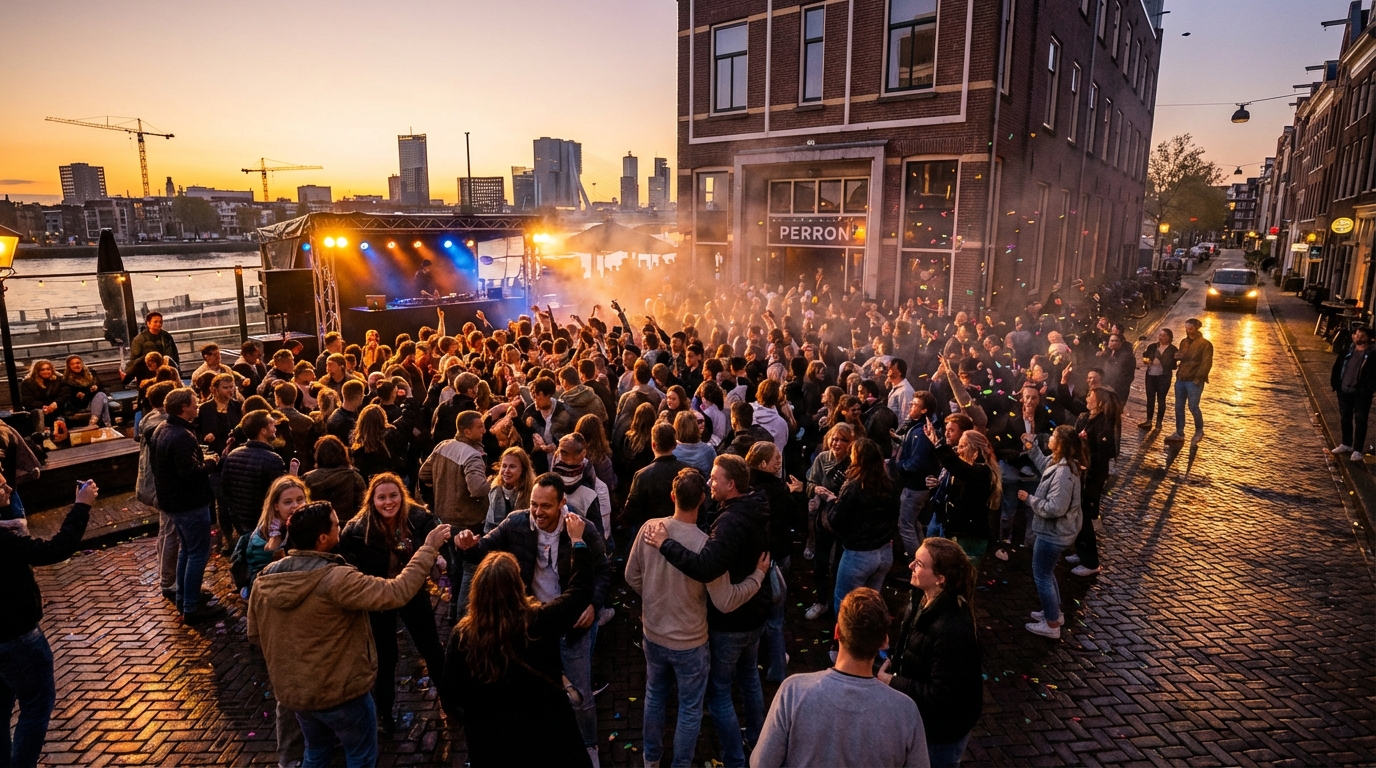 Packed crowd enjoying a sunset party at Perron