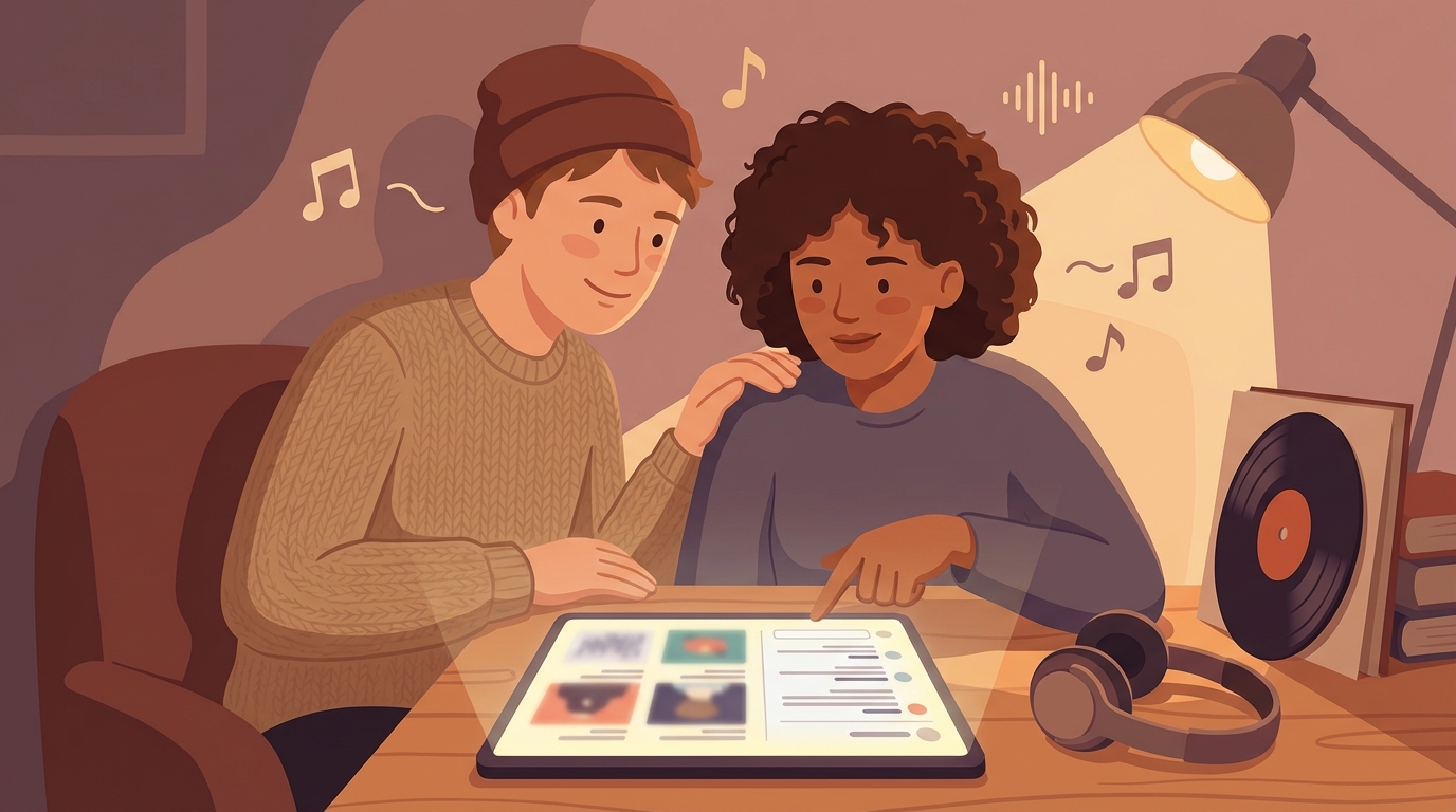 Person and small group engaged with music content on a laptop, glowing screen showing blurred album thumbnails and a comment thread layout