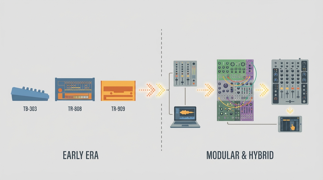 Chronologie d’icônes stylisées montrant l’évolution des silhouettes Roland TB-303, TR-808 et TR-909 vers un DAW sur ordinateur portable, Eurorack modulaire et contrôleur de style PLAYdifferently