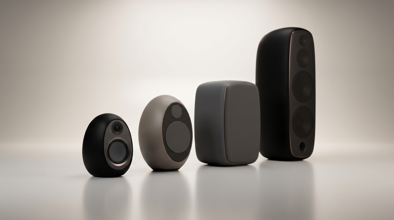 Abstract minimalistic rendering of four studio monitor silhouettes representing PMC10, PMC12, PMC15, and PMC10-4 arranged diagonally with soft lighting and neutral studio palette