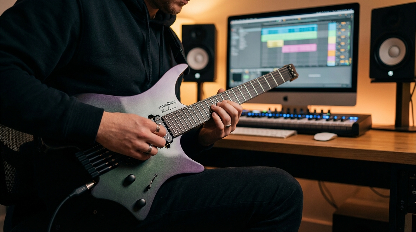 Music producer using the Strandberg x Jamstik Chameleon MIDI Guitar in a studio