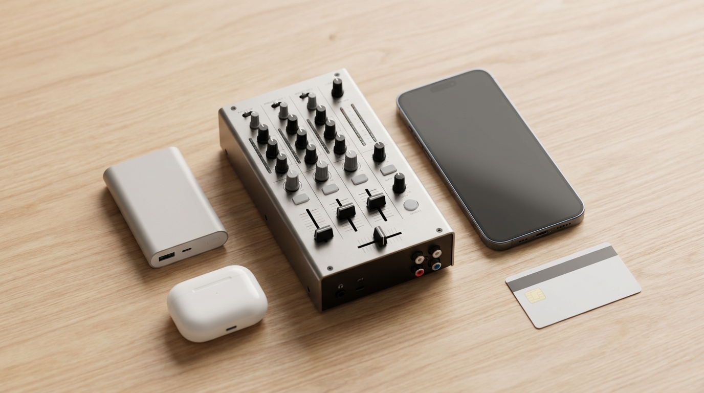 Reloop PTB-2 compact size, 105x200x60mm top-down photo showing the mixer next to a smartphone, power bank, earbuds case, and credit card to demonstrate portability