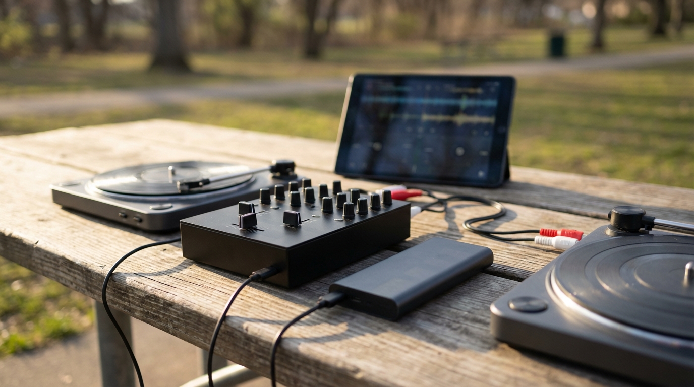Compact portable DJ setup showing a small mixer connected to portable turntables and a power bank