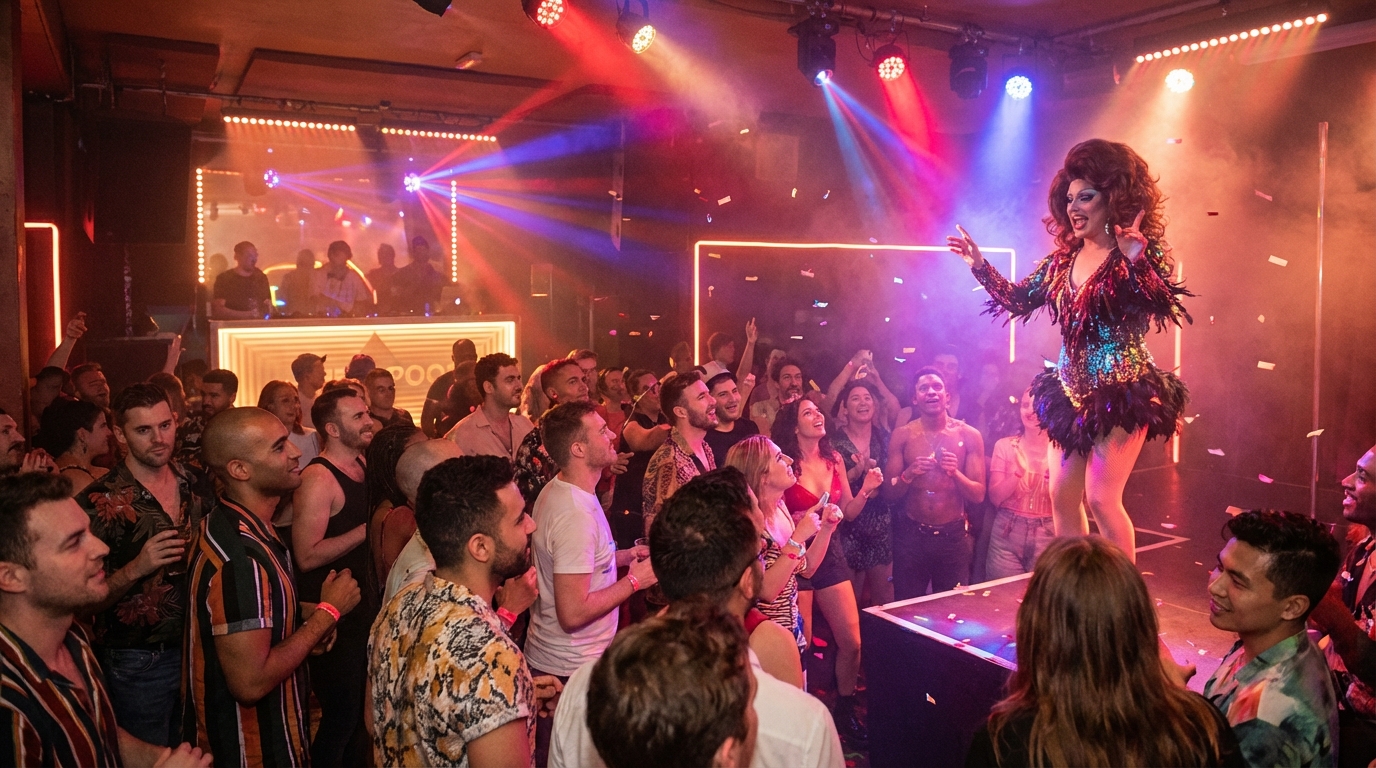 Diverse crowd dancing at a Queerpool event under colorful lights
