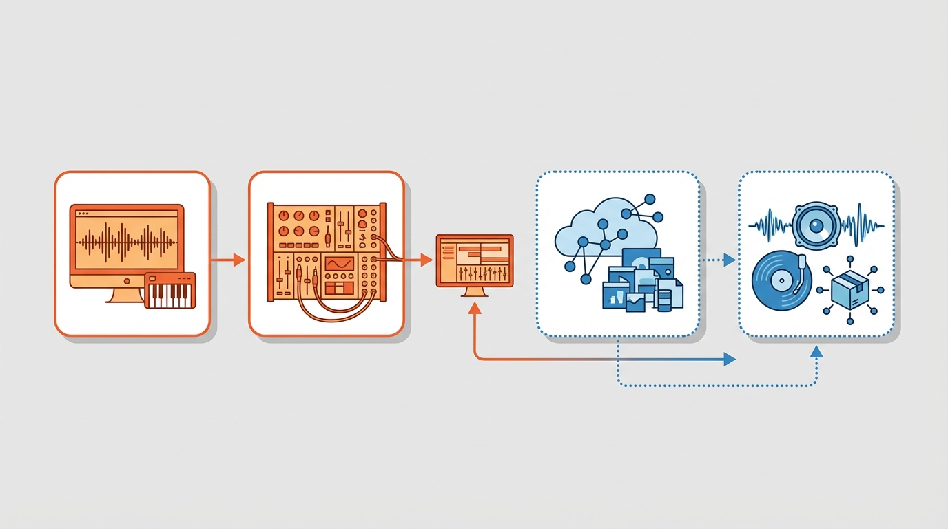 Illustration of the Reason product lineup showing four cards representing Reason standalone, Reason Rack standalone, Reason+ subscription, and LANDR services for mastering and distribution. Visual cues differentiate perpetual licenses from subscription offerings using warm solid outlines for perpetual and cool dotted outlines for subscription. Arrows indicate integration between the Rack plug-in and DAWs and between Reason+ and LANDR services.
