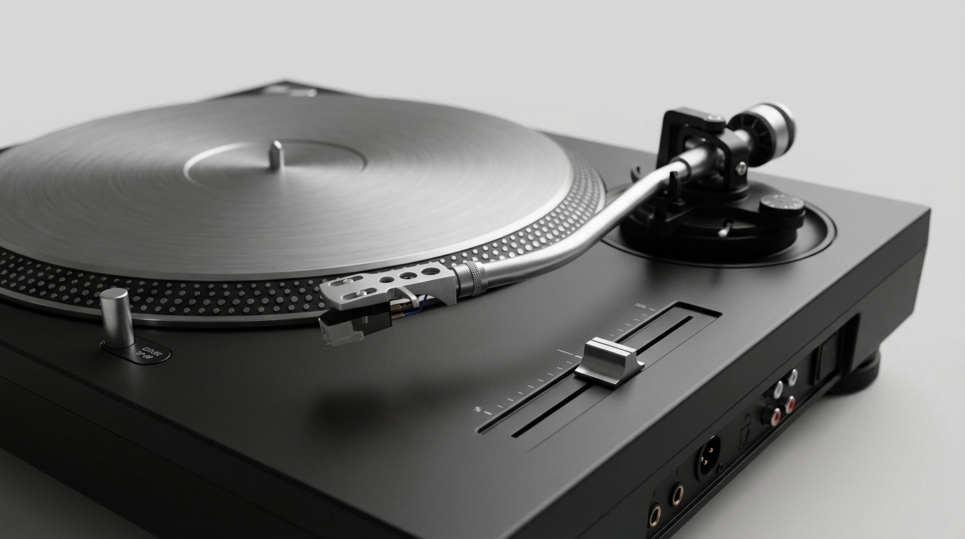 Reloop RP-5000 MK4 turntable top three-quarter view showing S-shaped tonearm and pitch fader