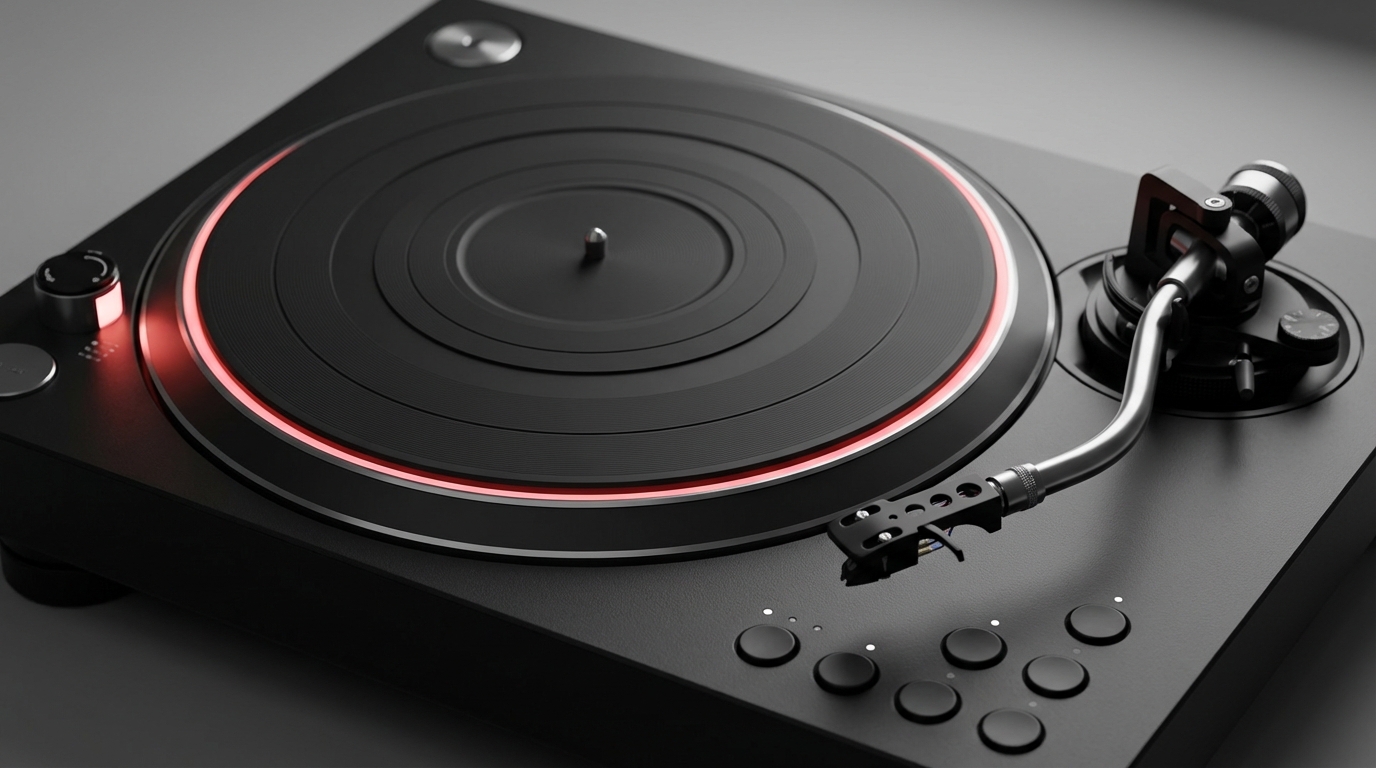 Slightly angled top view of the Reloop RP-5000 MK4 turntable showing ergonomic button layout, die-cast aluminium platter, S-shaped tonearm and lit pop-up stylus LED