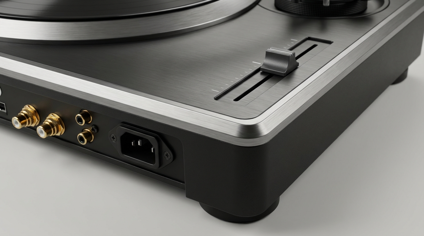 Close-up of gold-plated phono outputs, recessed battle-mode connections and clickless pitch fader