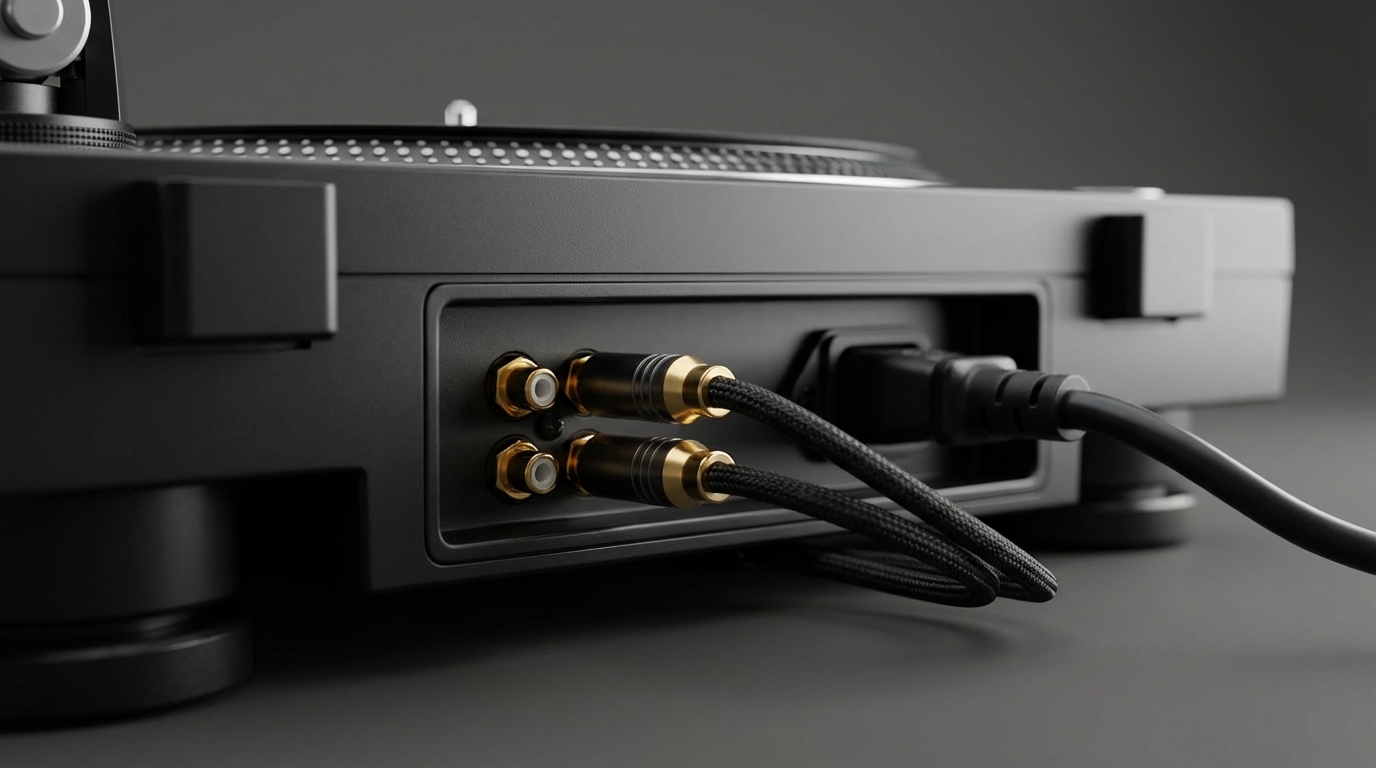 Rear connectivity close-up showing recessed battle-mode connections, detachable IEC and RCA cables with gold-plated phono outputs