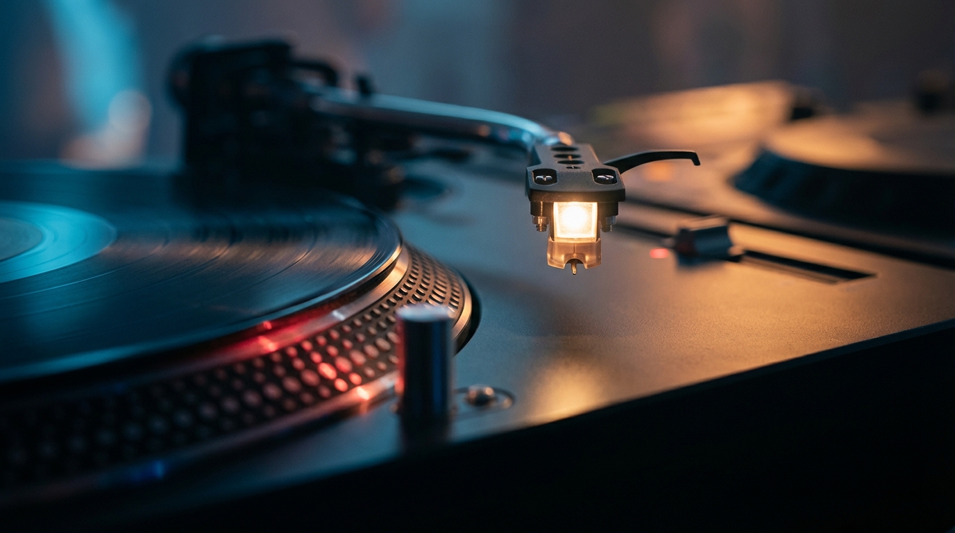 Close-up of the Reloop RP-5000 MK4 turntable showing the pop-up stylus LED target light illuminated and strobe light indicator lit around the die-cast aluminium platter