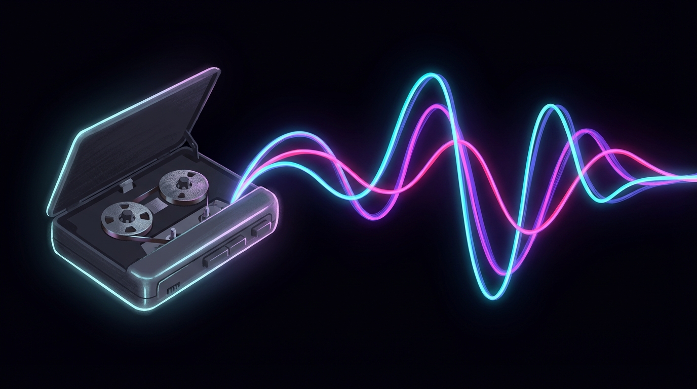 Analog dictaphone and neon soundwave representing microtape recording