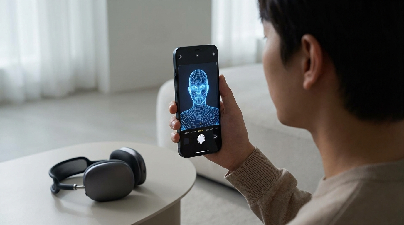 A smartphone capturing the user's head, ears, and shoulders for personalized Dolby Atmos headphone profile creation