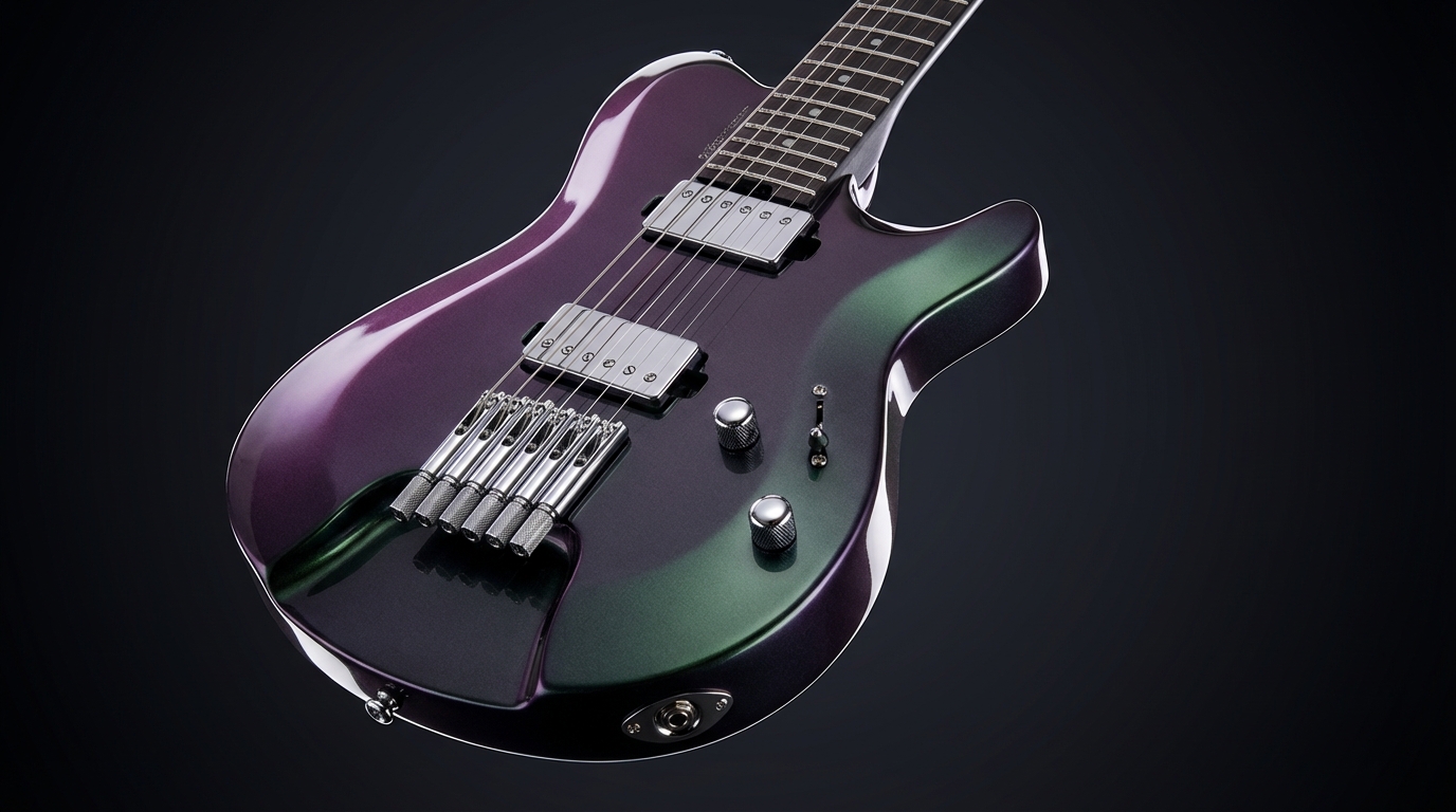 Strandberg x Jamstik Chameleon MIDI Guitar with chameleon-style finish shifting purple, green and graphite in three-quarter view.