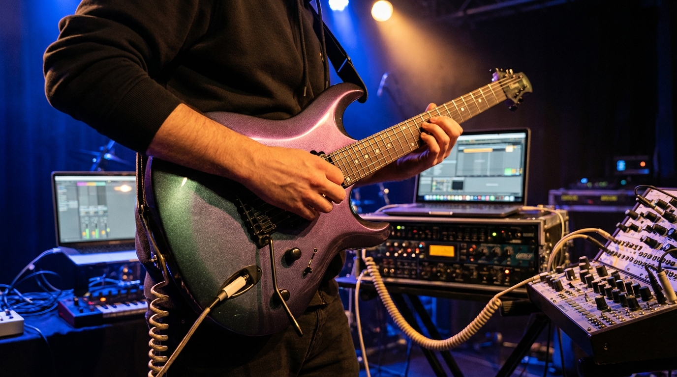 Strandberg x Jamstik Chameleon MIDI Guitar in live studio setting with player using USB-C and TRS connections.
