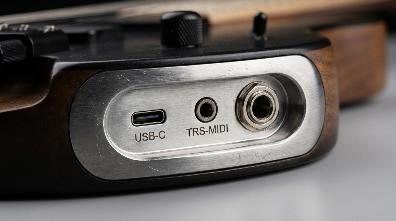 Close-up of USB-C and TRS-MIDI ports on the Strandberg x Jamstik Chameleon MIDI Guitar