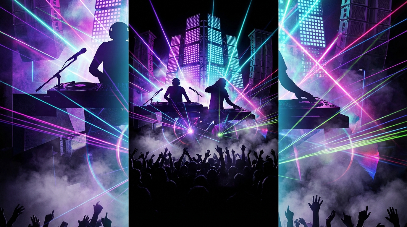Stylized vertical lineup poster collage with neon silhouettes, lasers, and stage elements that highlight the diversity and energy of the System Overload festival performers