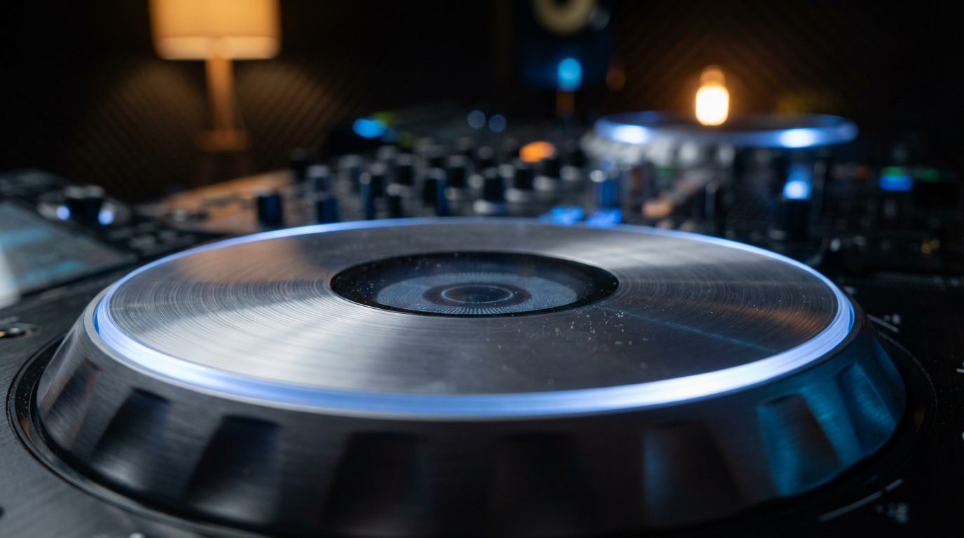 DJControl T10 10 inch motorised jogwheels with blue LED rings evoking a vinyl turntable vibe