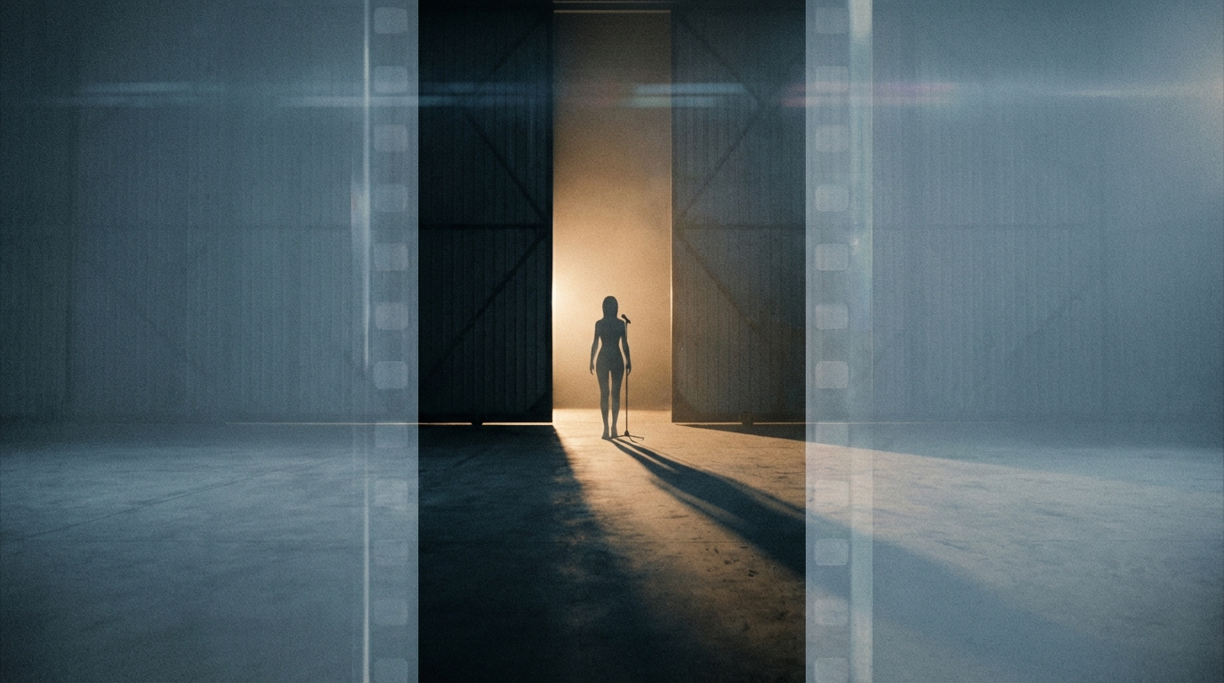 Minimal stylized poster for The Moment showing a backlit silhouette in a hangar doorway