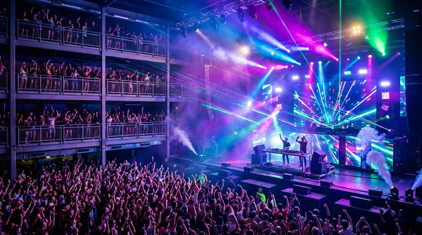 Crowd and multi-level stage at Time Warp spring edition with colorful lighting and DJs performing