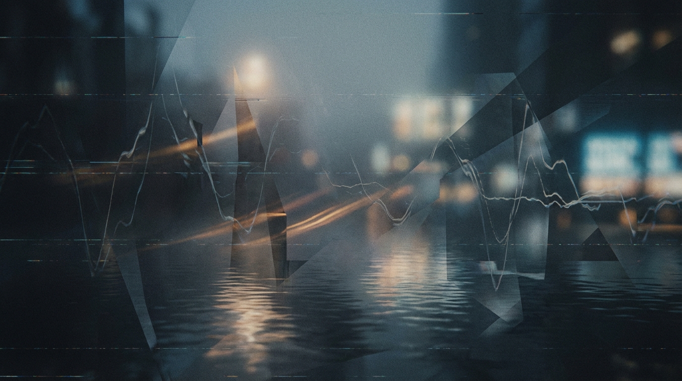 Abstract moody composition with muted cool tones, warm highlights, glitch lines and water ripple reflections evoking tension and overload