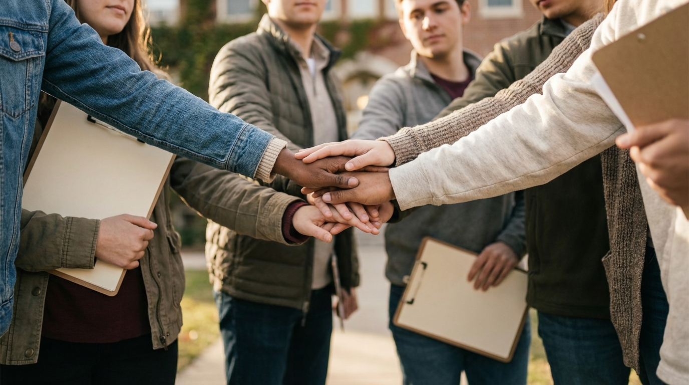 Hands joined in solidarity in front of a blurred university building