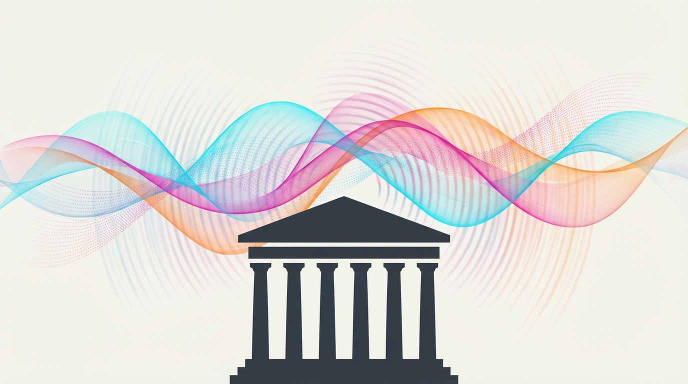 Abstract silhouette of a university building with layered colorful sound waves above it