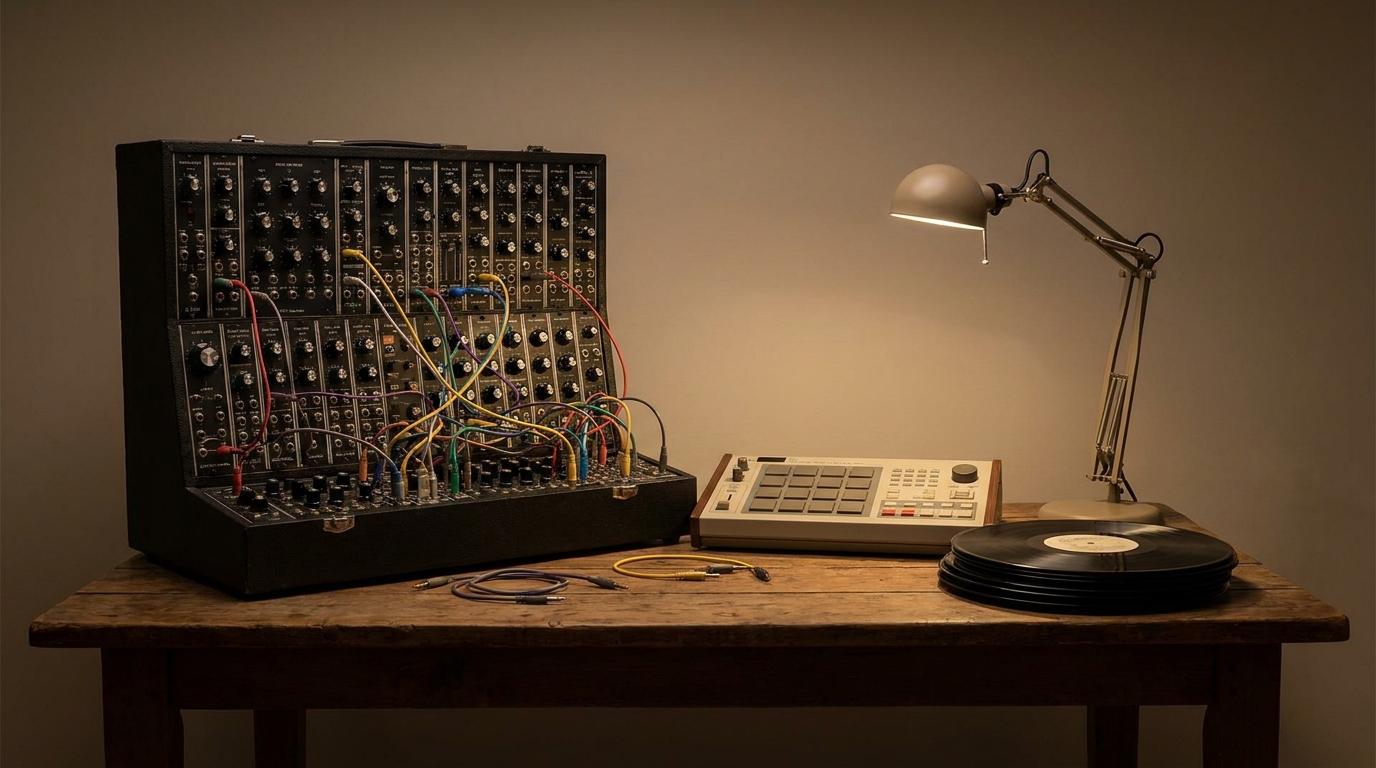 Modular synthesizers and drum machine arranged on a table