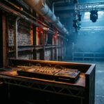 Empty DJ booth with equipment and vinyl records in a brick-walled industrial nightclub at dawn, bathed in blue and amber stage lighting.