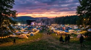 Festival campground at sunset with illuminated tents, distant stage, string lights, and atmospheric haze creating an immersive electronic music event atmosphere.