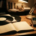 Vinyl records stacked on a desk next to financial documents and a calculator, illuminated by warm lamplight
