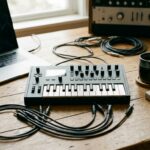 A small portable synthesizer with keys and display on a desk with cables, laptop, and workspace items in soft studio light.