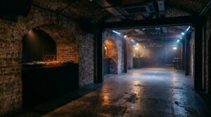 Empty underground club with industrial vaulted ceiling, DJ booth with equipment, and atmospheric stage lighting reflecting off concrete floor
